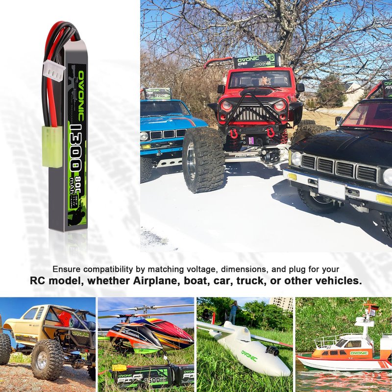 OVONIC 3s Lipo Battery 11.1V 1300mAh 80C with MiniTamiya Plug Lipo Battery for Airsoft Guns(2PCS)