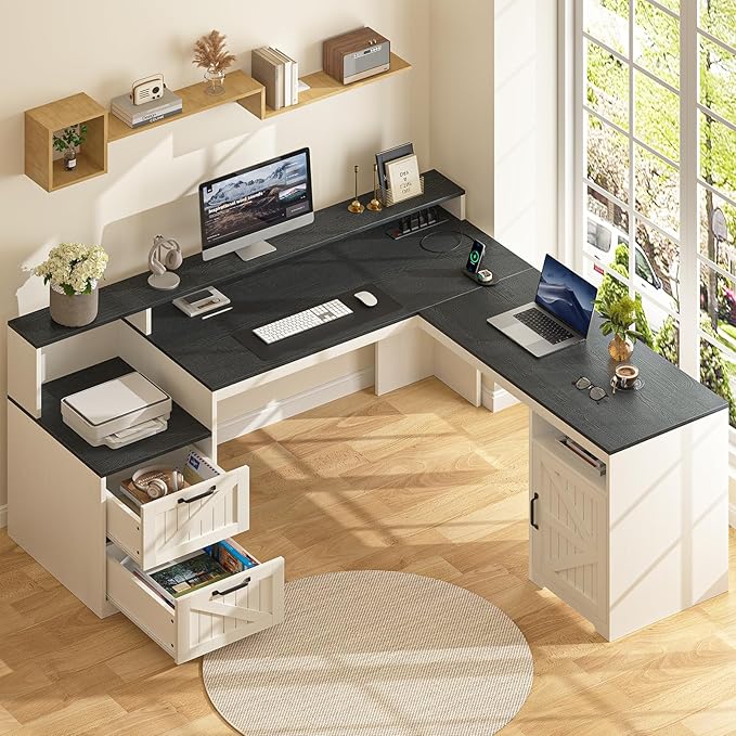 63" Farmhouse L Shaped Executive Desk with Drawers & Storage Shelf, Corner Computer Desk with Power Outlets, L Shaped Office Desk with Monitor Stand, Printer Shelf, Black and White