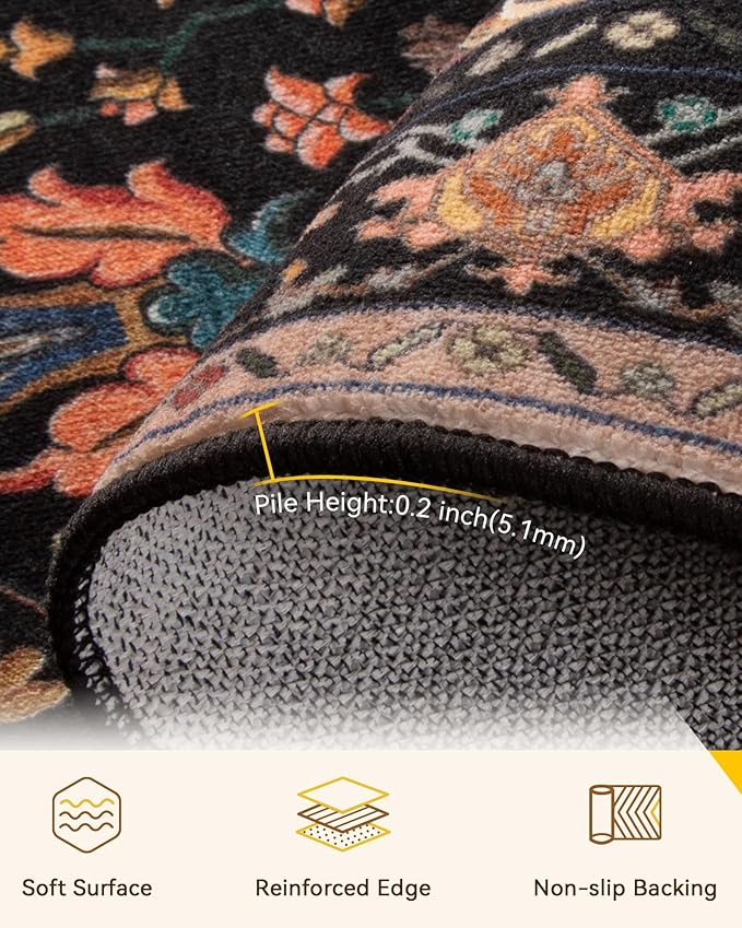 Area Rugs 2'x6' Runner Rug Non Slip Washable for Kitchen Hallway Bedroom Beside Laundry Room Bathroom Rug, Floor Carpet, Black Colorful Floral Dark Tan