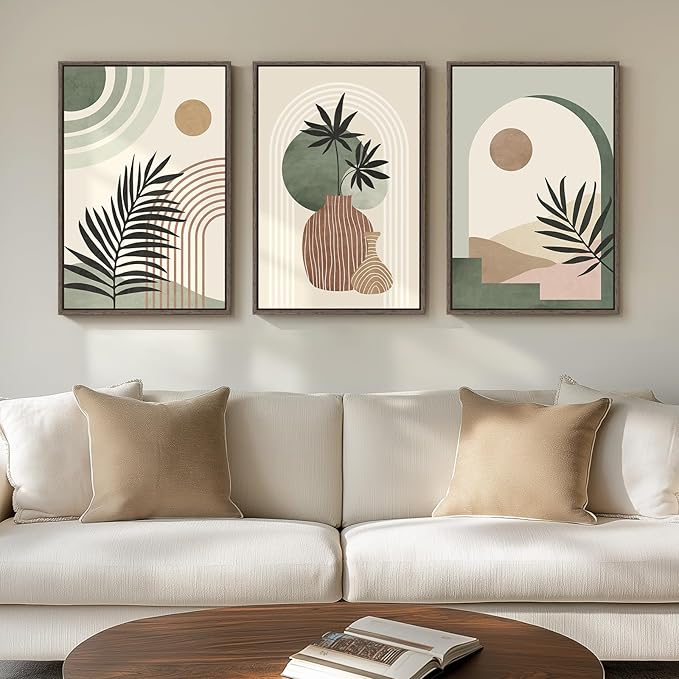 Framed Sage Green Boho Wall Art Bedroom, 3 Piece Neutral Bohemian Botanical