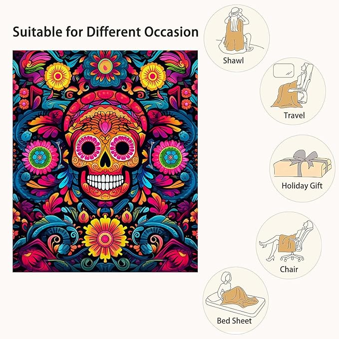 Firmiso Sugar Skull Gifts for Women and Men, Day of The Dead Blanket for Home Decor, Halloween Skull Lighweight Fleece for Bed Room and Living Room, 50x60 inches, No Pilling