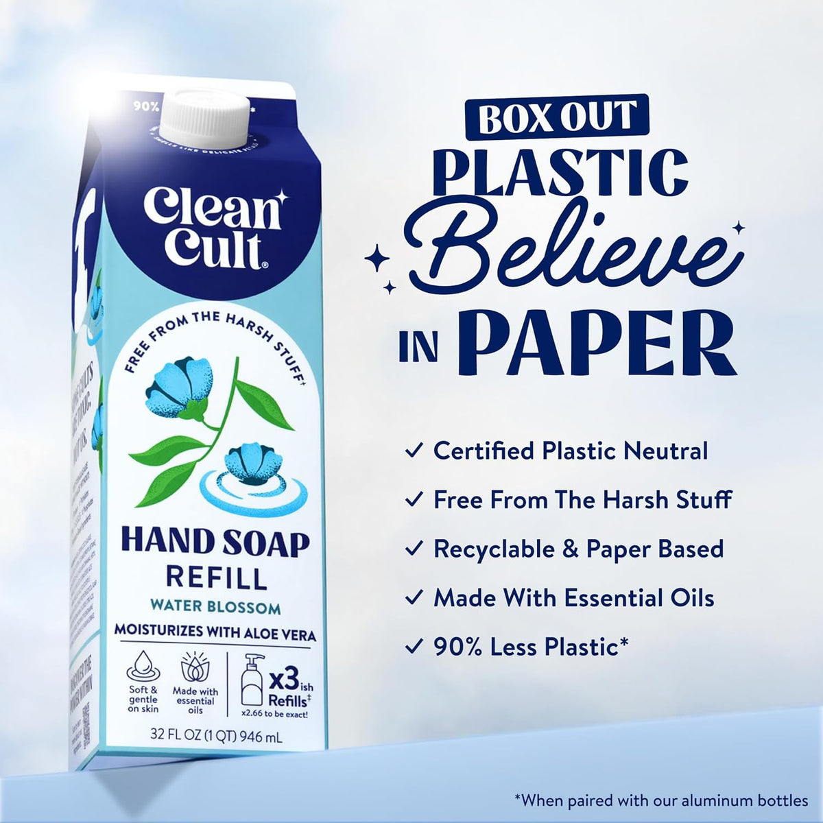 Cleancult Liquid Hand Soap Refill - Water Blossom - Moisturizes Dry & Sensitive Skin - Made with Aloe Vera & Essential Oils - Eco Friendly - Paper-Based Packaging - 32 oz/1 Pack