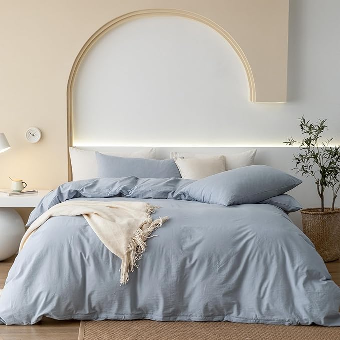 JIYUAN 100% Washed Cotton Duvet Cover Set 2 Pieces Twin, 1 Duvet Cover 68x90 Inches(Comforter Not Included) and 1 Pillowcases,Linen Feel Bedding Set Comfy and Breathable, Heathered Light Blue