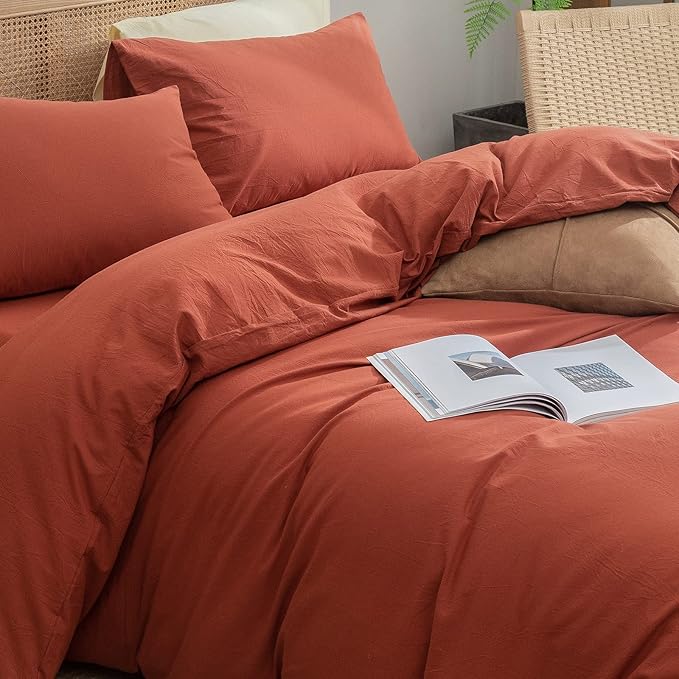 BESTOUCH Duvet Cover Set 100% Washed Cotton Linen Feel Super Soft Comfortable Chic Lightweight 3 PCs Home Bedding Set Solid Burnt Brick Red Cal King