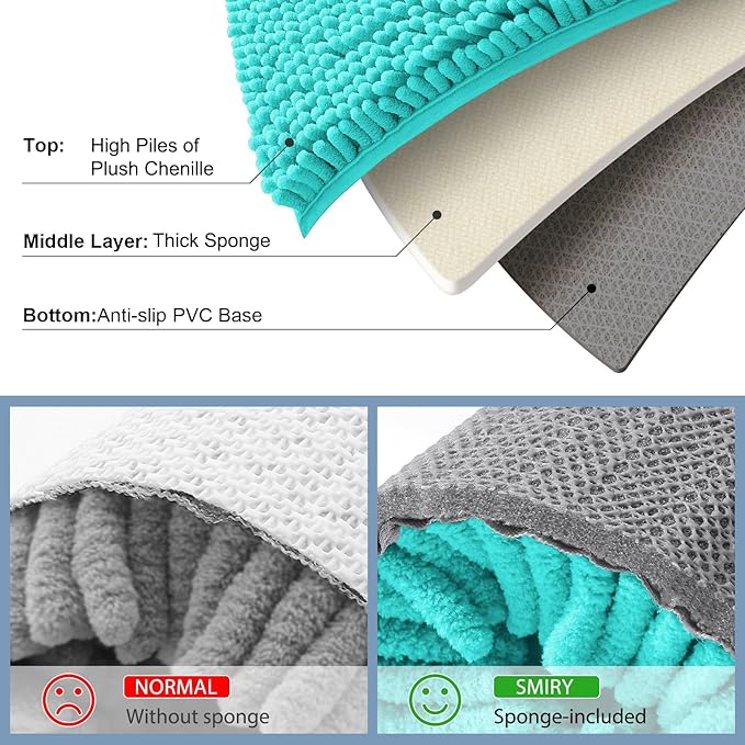 Smiry Luxury Chenille Bathroom Rugs 24x16, Extra Soft and Absorbent Shaggy Bath Mat, Machine Washable, Non-Slip Plush Carpet Runner for Tub, Shower, and Floor, Home Decor Accessories, Turquoise