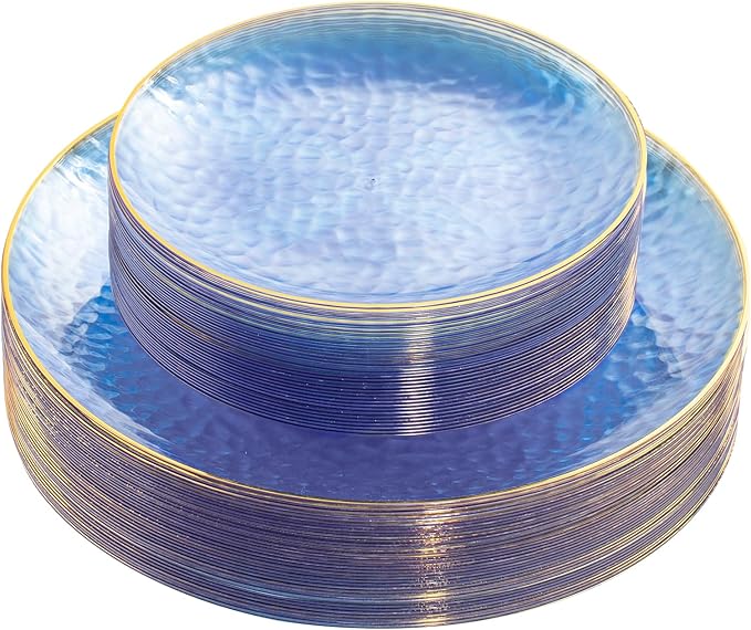 Rubtlamp 60Pcs Clear Blue Plastic Plates, Hammered Blue Plates, Clear Fancy Disposable Plates With Gold Rim Include 30 Dessert Plates, 30 Dinner Plates for Party