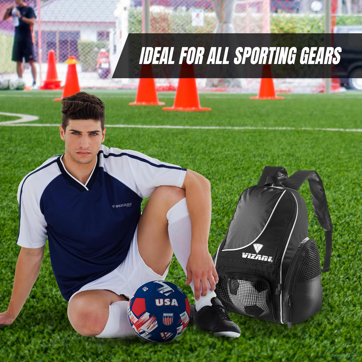 Vizari Solano Soccer Backpack - Ball Compartment, Vented Pocket & Mesh Cargo Pockets | Ideal for Adults & Teens