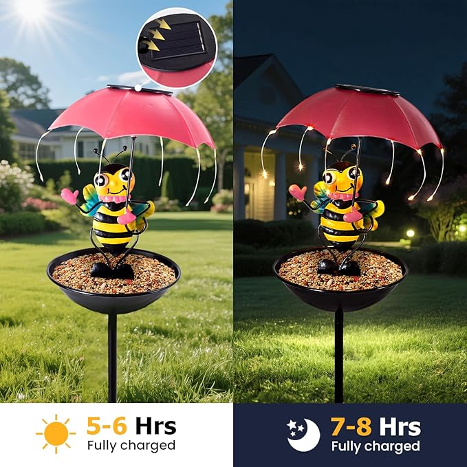 Solar Bird Feeder Garden Decor, Outdoor Bee Solar Lights with Umbrella, Hummingbird Feeder Decorative Path Lights Yard Art Ornament Bird Feeder (bee)