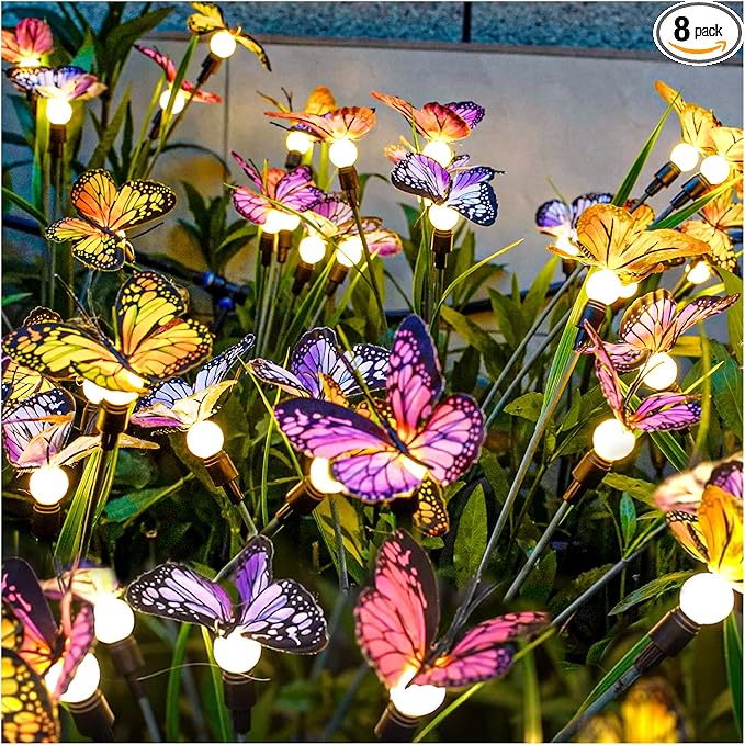 TONULAX Solar Garden Lights - 8 Pack Swaying Butterfly Light, Swaying in The Wind, Solar Outdoor Lights, Yard Patio Pathway Decoration, High Flexibility Iron Wire & Realistic Butterflies(8 Pack)