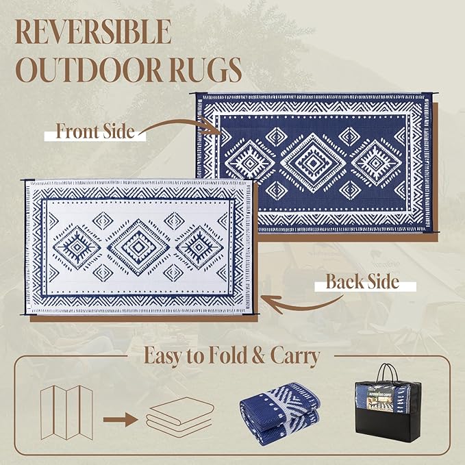 OMERAI Reversible Waterproof Outdoor Rug for Backyard,Plastic Textured Resistant Outdoors Rugs,Portable Washable Easy Cleaning Foldable Camping Beach Carpet for Patio Courtyard, 5'x8' Blue & White