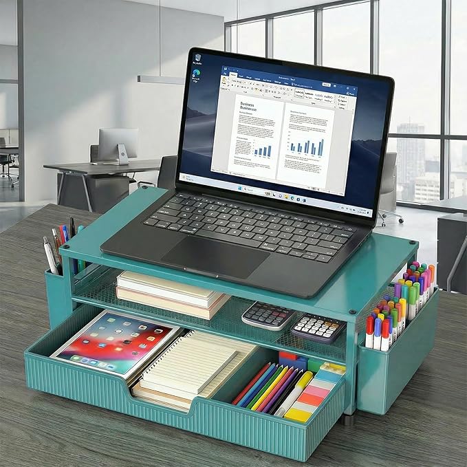 Desk Organizer and Accessories, 2-Tier Computer Monitor Stand Rise with Storage Drawer & 2 Pen Holders, Laptop & Printer Stand for Desktop, Workspace Organizers for Office Supplies (Blue)