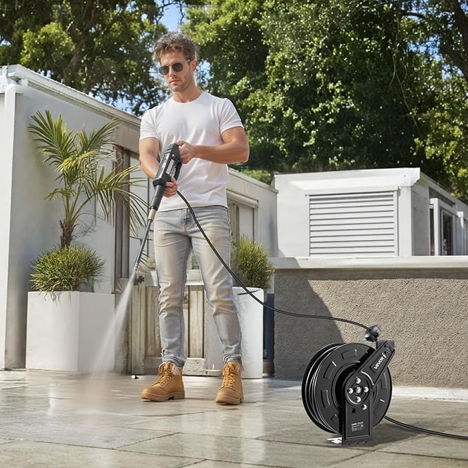 VEVOR Pressure Washer Hose Reel, 60 ft x 1/4 inch Retractable Power Heavy-Duty Steel Washer Hose Reel, 4000PSI Max, Auto-Rewinding, Flexible Wall/Floor Mounted for Car Washing,Garden,Floor Cleaning