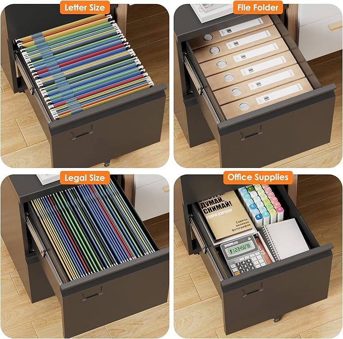 METAN 2 Drawer Vertical File Cabinet with Lock, Mobile Metal Filing Cabinet for Legal/Letter Size, Office Storage File Cabinet Under Desk with Card Holder,Assembly Required, Black