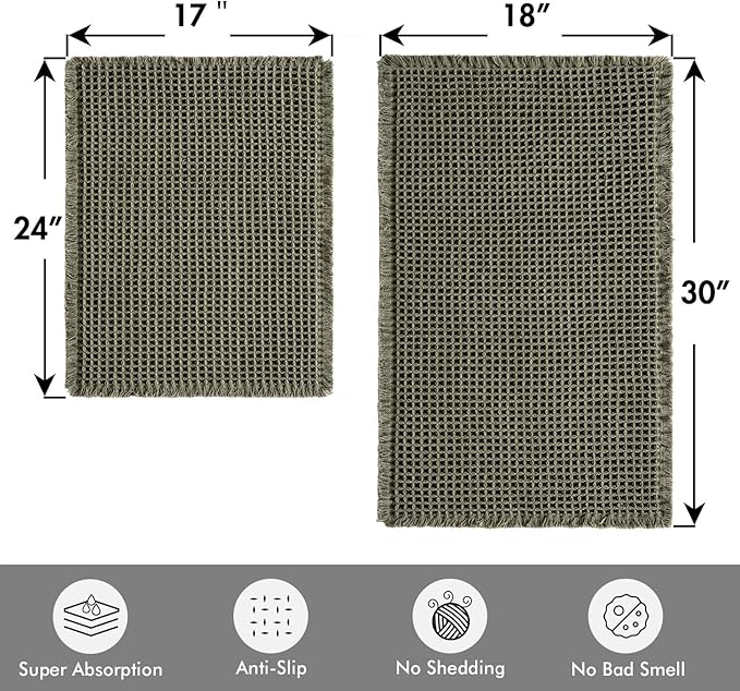 MIULEE Set of 2 Waffle Bathroom Rugs, Super Absorbent Non Slip Bath Rugs, Washable Bath Mats with Tassels, Ultra Soft Rubber Backed Shower Mat for Bathroom Floor, Tub, Green, 17"x24"+18"x30"