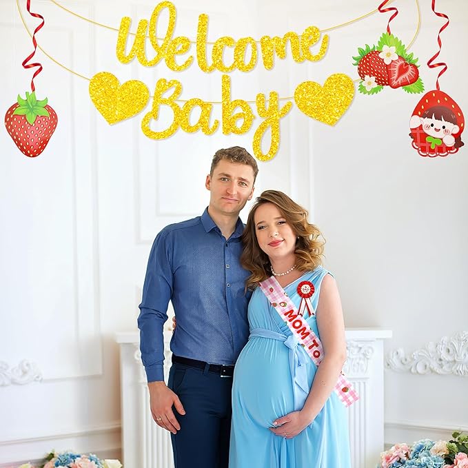 5 Pcs Strawberry Baby Shower Set Sash, Badges, Banner for Gender Reveal, Maternity Party & Pregnancy Celebration
