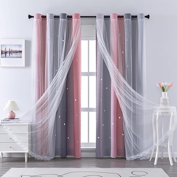 XiDi Curtains for Bedroom Decor, Rainbow Pink-Grey-34-96