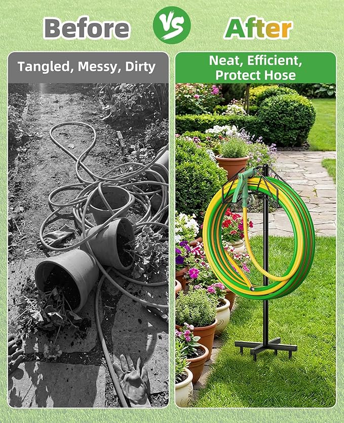Garden Hose Holder, Heavy Duty Water Hose Holder Holds 150/160ft Hose for Outside, Hose Stand Storage Rack Freestanding with Nozzle Holder & Stable Base,Metal Hanger for Yard Lawn Farm Gardening Tools