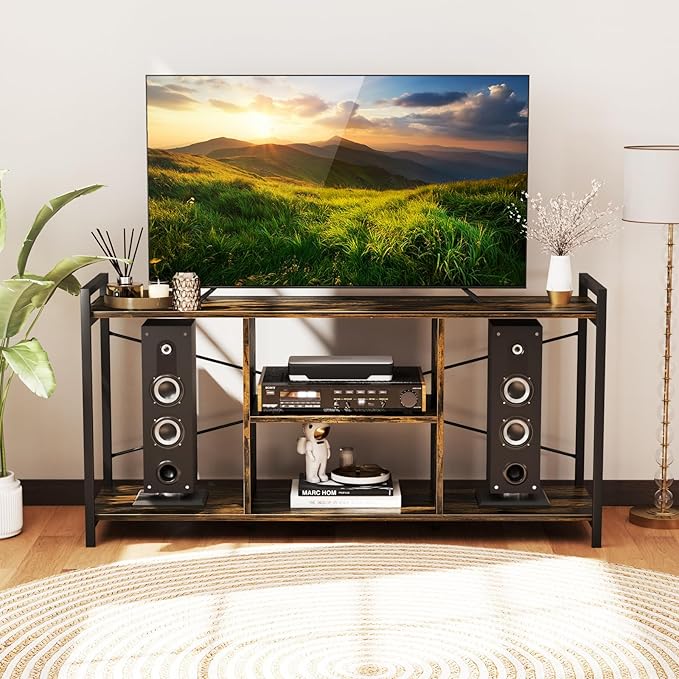 Tangkula Industrial TV Stand for 55” TVs, Entertainment Center with 4 Open Shelves, 3-Tier Media Console Table with Heavy-Duty Metal Frame & Side Guardrails for Living Room (Rustic Brown, 47" L)