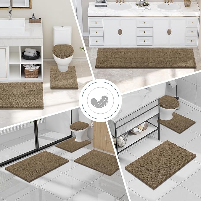 Smiry Luxury Chenille Bathroom Rugs 30x20, Extra Soft and Absorbent Shaggy Bath Mat, Machine Washable, Non-Slip Plush Carpet Runner for Tub, Shower, and Floor, Home Decor Accessories, Camel