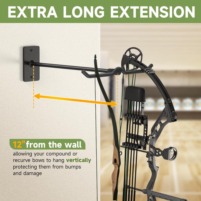 Bow Wall Hanger for Compound/Recurve Bows - Heavy Duty Steel Compound Bow Rack Wall Mount, 22LBS Capacity Recurve Bow Rack for Wall with Composite Padding, 2 Bow Vertical Storage Archery Bow Holder