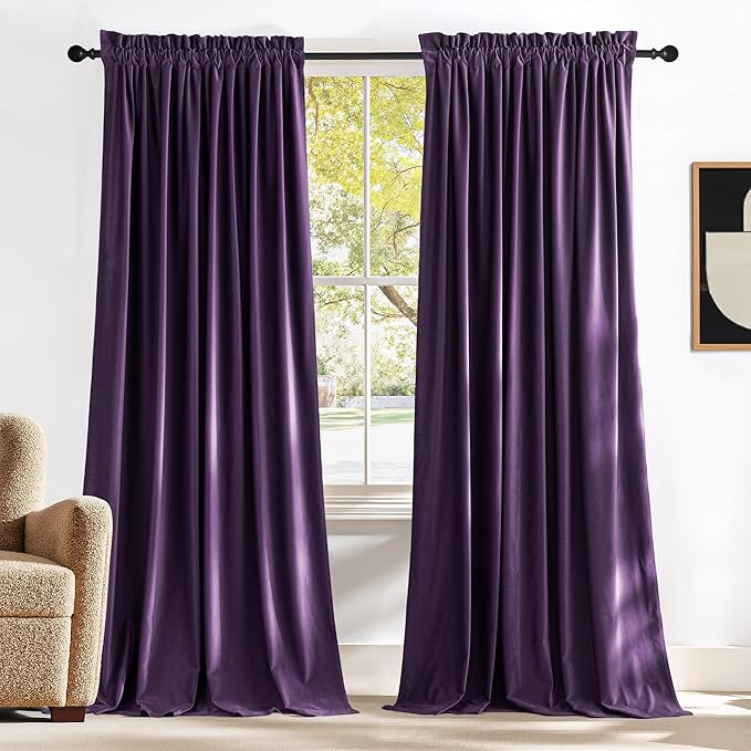 NICETOWN Purple Velvet Curtains 90 inches Long 2 Panels Set, Thermal Insulated