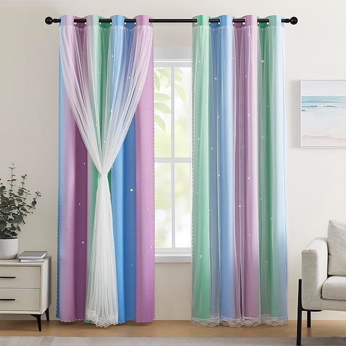XiDi Blue & Rainbow Curtains for Kids & Girl Room