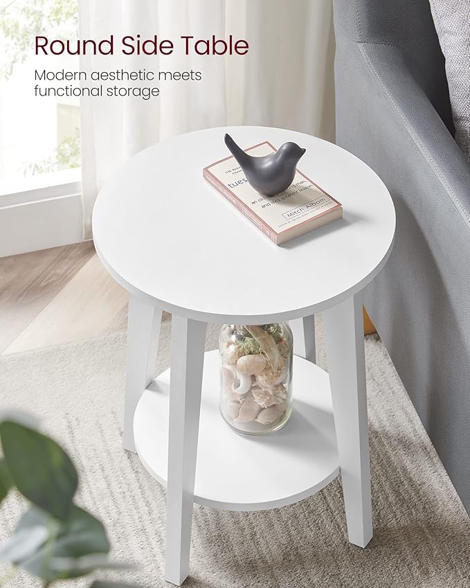 VASAGLE MAEZO Collection - Side Table, 2-Tier Small Round End Table, Nightstand with Tapered Legs, Curved Transitions, for Small Spaces, Living Room, Bedroom, Cloud White ULET283T14 | Lower Shelf, Small Spaces, Living Room, Bedroom