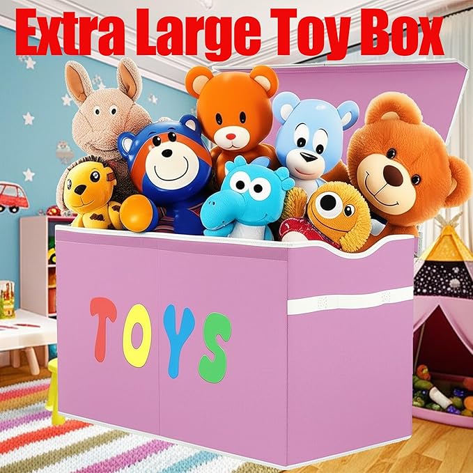 Toy Box Chest, Collapsible Sturdy Storage Bins with Lids, Extra Large Kids Toy Storage Organizer Boxes Bins Baskets for Kids, Boys, Girls, Nursery Room, Playroom, Closet (Classical Pink)