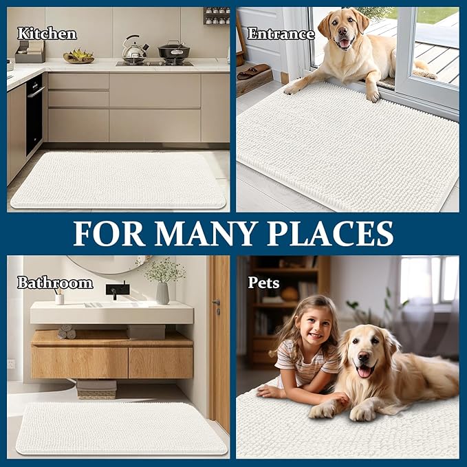 OLANLY Dog Door Mat for Muddy Paws 47x32, Absorbs Moisture and Dirt, Absorbent Non-Slip Washable Doormat, Quick Dry Chenille Mud Mat for Dogs, Entry Indoor Entryway Carpet for Inside Floor, Ivory