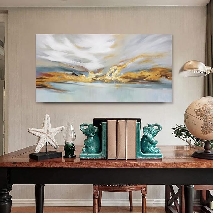 Glvzygy Modern Abstract Wall Art Wall Decorations Greyish White Gold and Blue Abstract Wall Art Canvas Abstract Wall Art for Living Room Bedroom Dining Room Home Office Decor 29"x58"