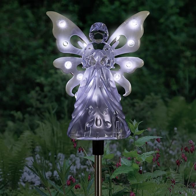 Exhart Garden Solar Lights, Decorative Angel Garden Stake, 12 LEDs, Cute Yard and Pathway Decor, White, 4 x 34 Inch