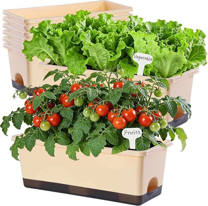 Oliz Window Box Planter 8 Pcs, 17 Inches Rectangle Flower Pots with Drainage Holes & Trays, Vegetable Planters for Windowsill Patio Garden Balcony Home Indoor Outdoor (Barley Yellow, 16 * 7 * 6 inch)
