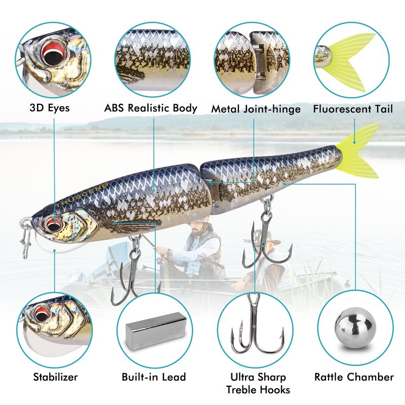 TRUSCEND Fishing Lures for Bass, Glide Baits with Vertical Tongue Design, Segmented Swimbaits Fishing Lures for Saltwater Freshwater, Slow Sinking Plugs Lures for Bass Walleye Trout Pike Musky