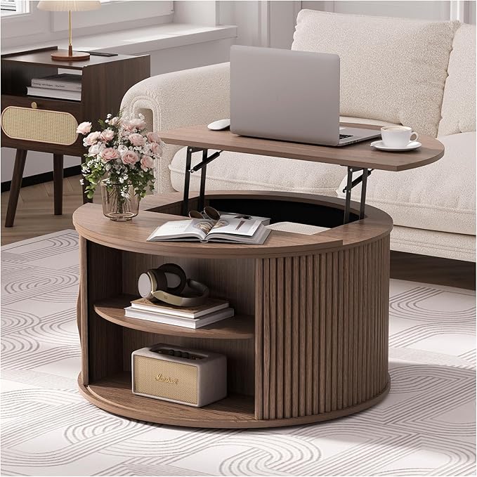 31.5" Round Lift Top Coffee Table, Mid Century Modern Walnut Center Table with Hidden Storage, Fluted Drum Wood Design for Small Living Room & Apartment