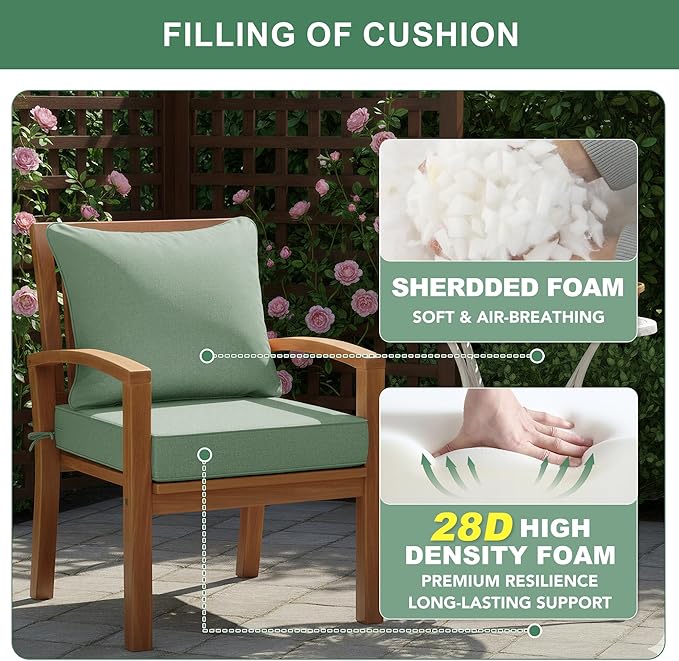 Summsun Outdoor Cushions for Patio Furniture, Faux Linen Water Resistant Backrest and Deep Seat Cushion Set with Removable Cover, Straps, Non-Slip Bottom, 24 x 24 Inch, Sage Green, Set of s