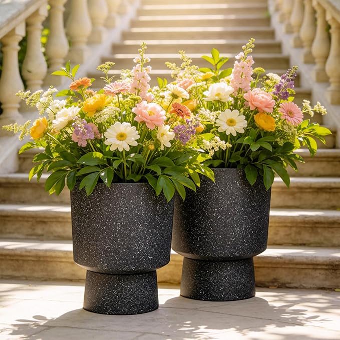 16.8" Large Planters Set of 2 Modern Pedestal Plant Pots with Drainage Hole, Durable Plastic Flower Pots w/Terrazzo Finish, Weather-Resistant for Garden Patio Balcony Home Outdoor Indoor Decor