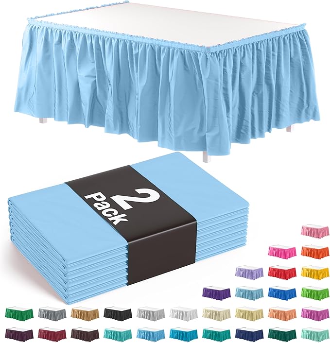 Exquisite Ruffle Table Skirt Light Blue 2 Pack 14 Ft Long Table Skirts for Rectangle Tables 6ft Plus or Round Tables Skirts with Adhesive Strip for Gender Reveal Decor & Happy Birthday Parties