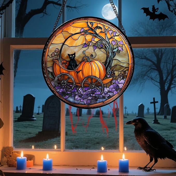 Stained Glass Window Hanging - Halloween Pumpkin Carriage Black Cat Suncatcher for Doors Window Garden Spooky Sun Catchers Gothic Decor Horror Gifts for Women Men Friend Boy Girl 11.8 in