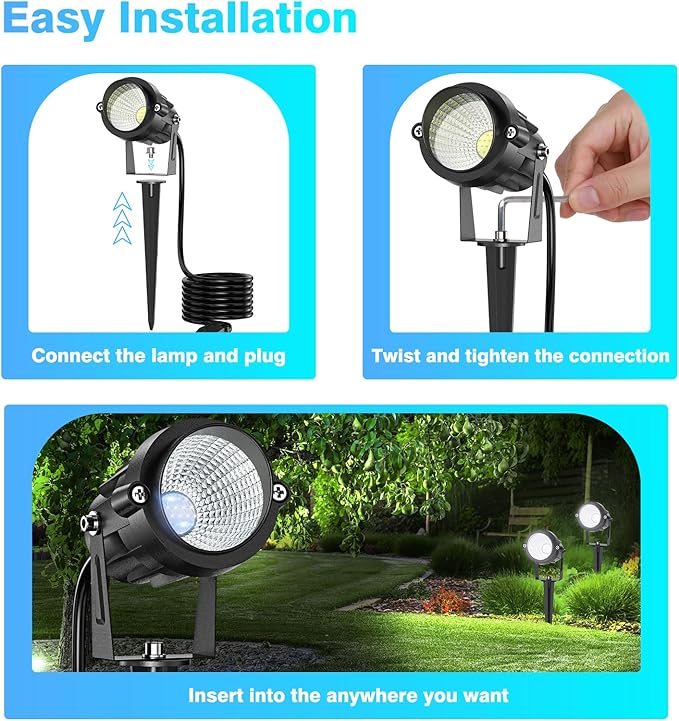 High Brightness 1000LM Outdoor Spot Lights for Yard, 6500K Daylight Spot Lights Outdoor with 4.9FT Electric Cord, 10W LED IP66 Waterproof Landscape Spotlights for Garden Tree Flag - 2 Pack