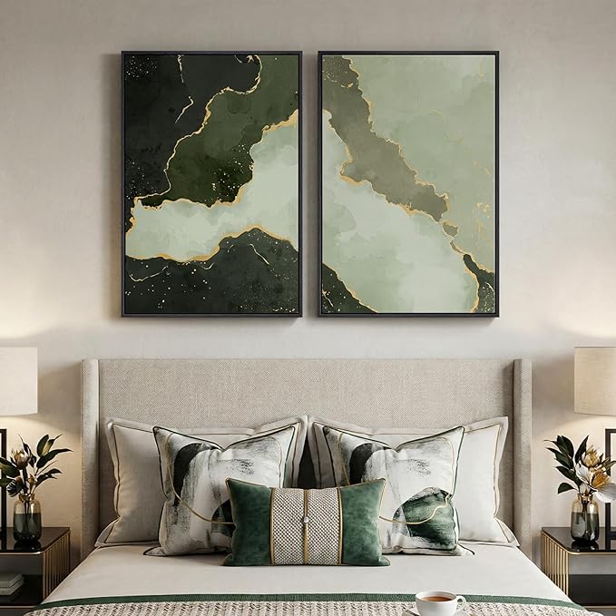 Large Framed Green Abstract Wall Art Set of 2, Modern Canvas Prints Paintings