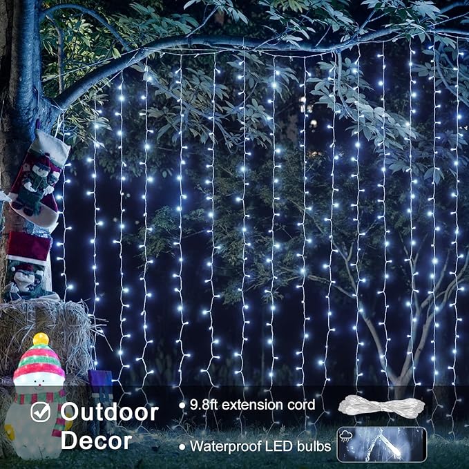 JMEXSUSS 900LED Christmas Curtain Lights, 9.5x29.5ft White Indoor/Outdoor Plug-in with Remote, Window Hanging String Lights for Bedroom, Wedding, Xmas Decoration
