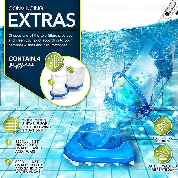 Cordless Handheld Pool Vacuum with Telescopic Pole, Rechargeable Hot Tub SPA Vacuum, 18GPM Powerful Suction, 60Min Runtime, Pools up to 88", Portable Pool Cleaner for Above Ground/Inground Pools