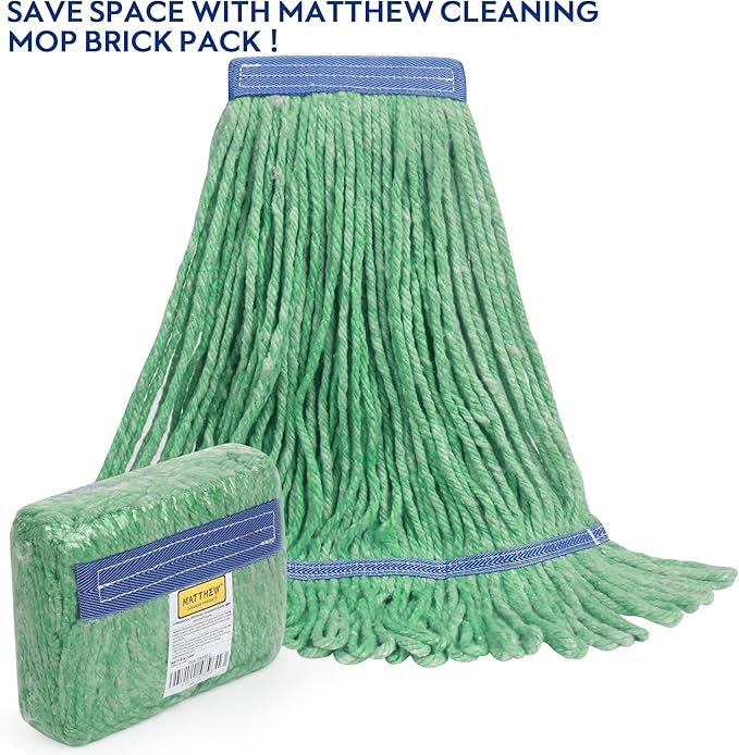 Matthew Cleaning Heavy Duty Mop Head Commercial Replacement for General and Floor Cleaning , Wet Industrial Blue Cotton Looped End String Head Refill (Case of 24) Green