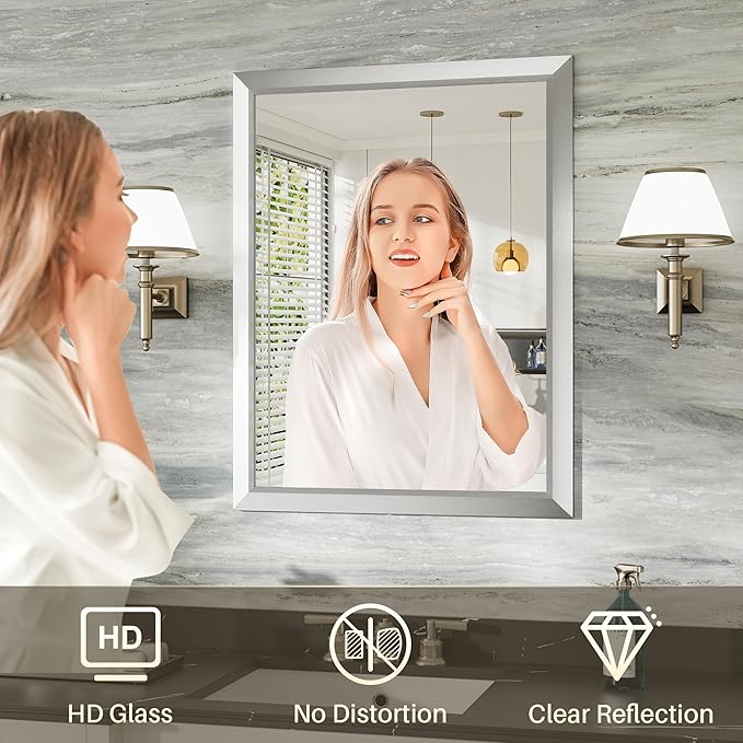 36x32 Inch Brushed Silver Bathroom Mirror