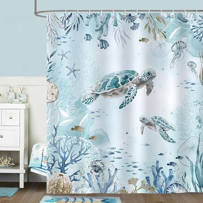 Bonhause Sea Turtle Shower Curtain for Bathroom Teal Blue Ocean Beach Coastal Decorative Bath Curtain 72 x 72 Inch Polyester Fabric Waterproof Bathroom Curtain with 12 Hooks