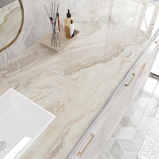 VEELIKE 15.7''x118'' Beige Gold Liquid Marble Contact Paper