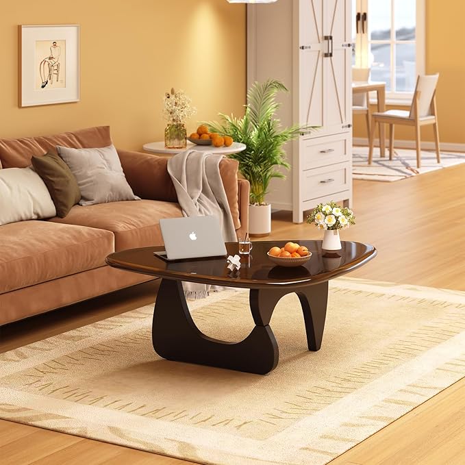Coffee Table for Living Room Mid Century Modern Center Small Table with Glass Top and Wood, Black Brown(32 Inch)