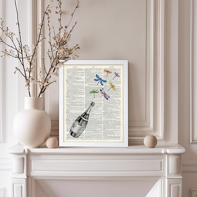 Poster Master Dictionary Art Poster - Champagne Bottle Print - Dragonfly Art - Alcohol Art - Gift for Men, Women & Bartender - Great Decor for Bar, Kitchen or Restaurant, 11x14 White Framed