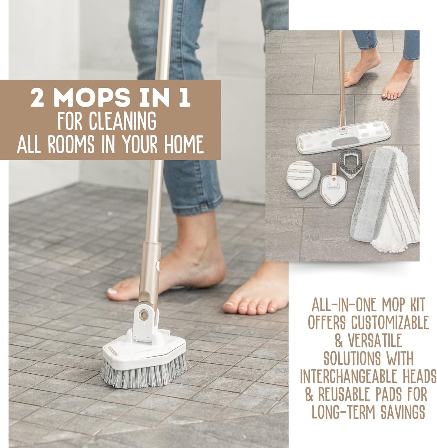 Quick Shine Ultimate Gold Clean + Polish Mop Kit | All-in-One 11 Pc Kit w/Interchangeable Attachments | Cleaner & Polish Included | No Batteries Needed | All Floors Pro Cleaning System | 2-in-1 Mop