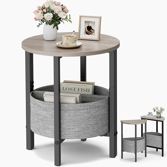 Vagusicc Small Round Side Table End Table, Tall Accent Table with Storage Basket, Set of 2 Half Round Tables Half Moon Tables, Coffee Bedside Tables, Modern Nightstand for Living Room Bedroom, Gray